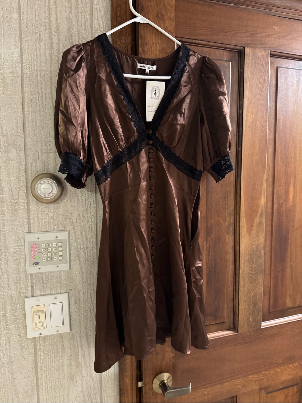 Reformation Brown Satin Dress with Black Lace Trim